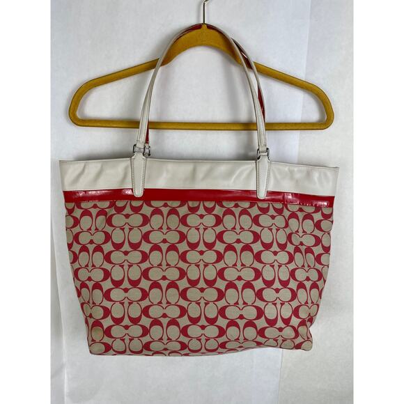 Coach Signature All Over Logo Print Red and Khaki Large Tote Bag Retro Classic - Picture 1 of 9